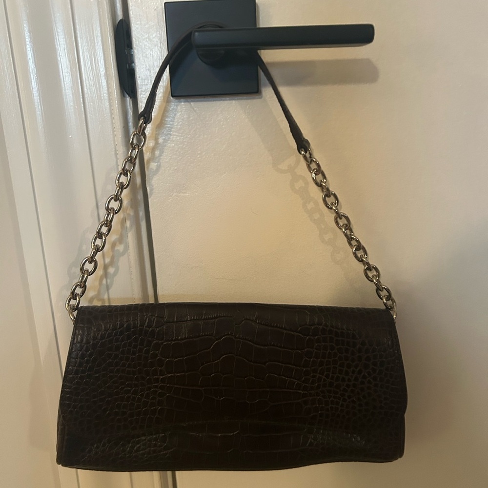Ann Taylor Dark Brown Croc-Embossed Chain Shoulder Bag